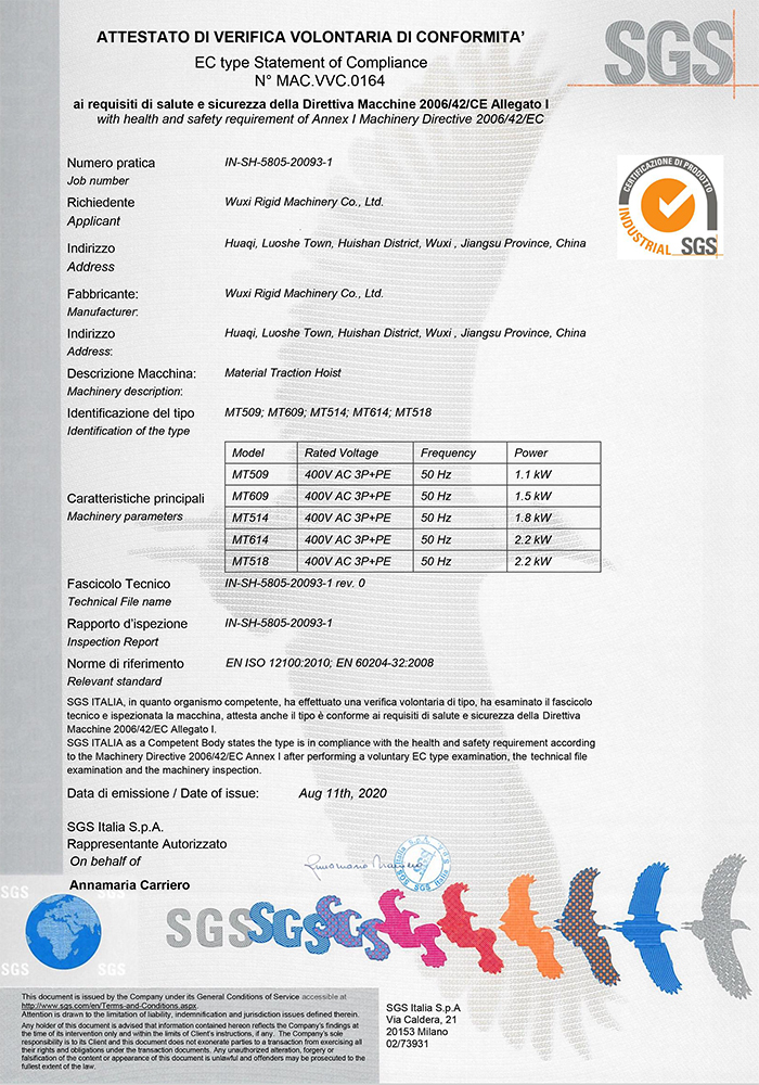 Sijil CE lif bahan MT